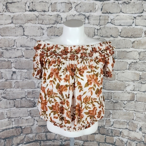 Free People Suki  Blouse Ivory Floral Size Small Billowy Boho Cream Terracotta - Picture 4 of 16